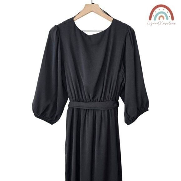New! City Chic Opulent Faux Wrap Elbow Sleeve Black Midi Dress - Picture 6 of 15